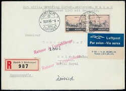 1945, Swissair Erstflug Zürich-Malmö, rückseitiger AK-Stempel, nur ...