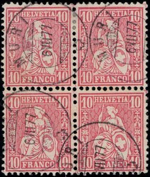 MURI 1877, 10c rot im Viererblock, links ein Zahn kurz, sauber gest ...