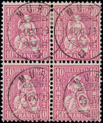 MURI 1879, 10c rot im Viererblock, links bügig, sauber gest ...