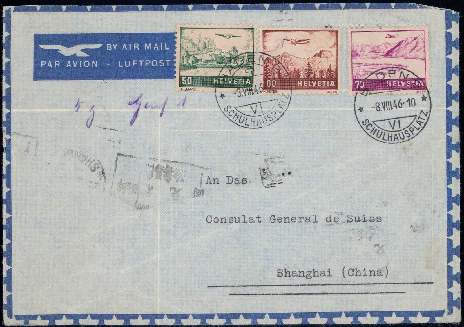 1946, Buntfrankatur auf portogerechtem Luftpostbrief von Baden nach ...