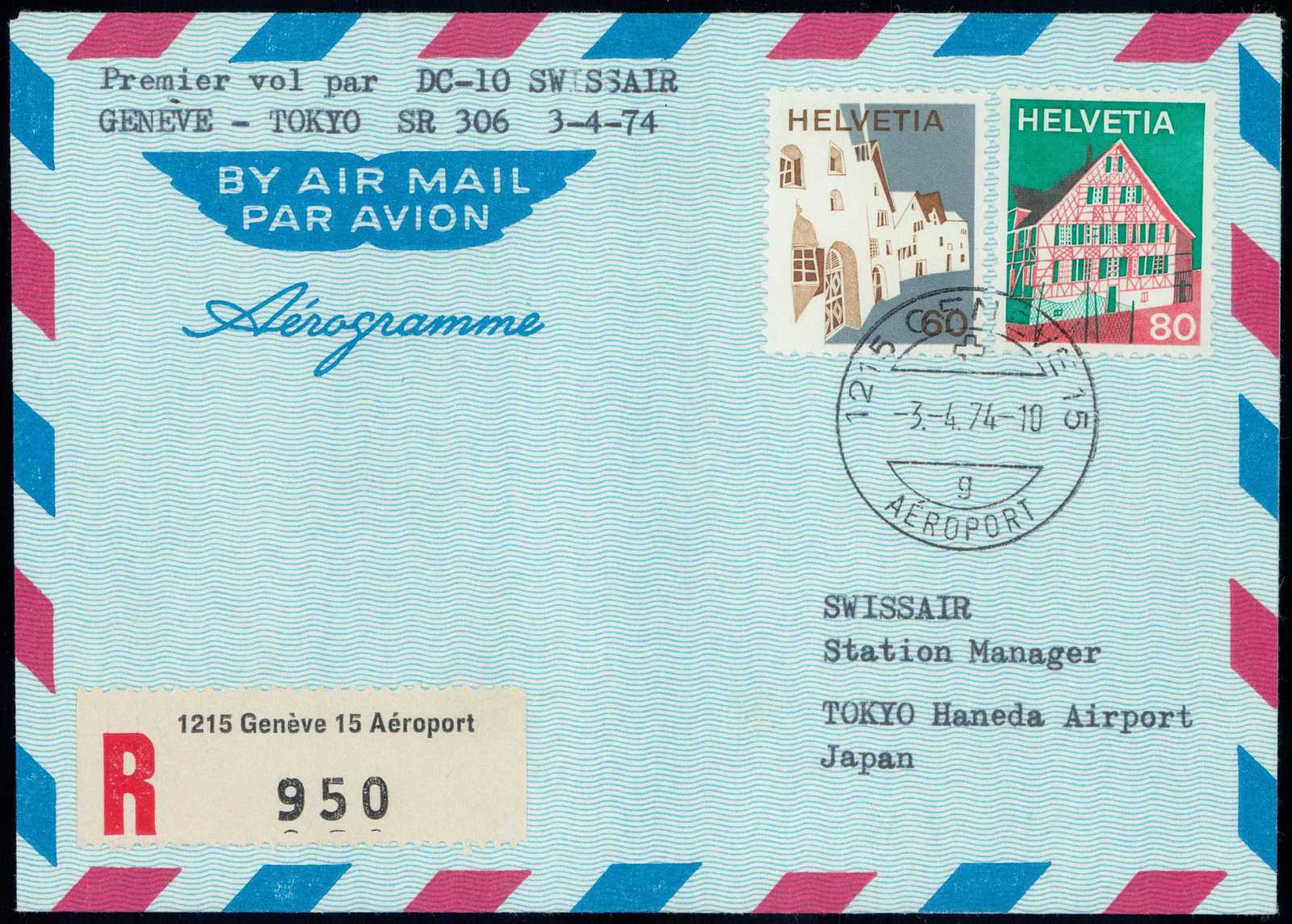 1974, Swissair-Flug Tokio-Hongkong-Bangkok-Bombay-Genf, 6 Etappen, ...