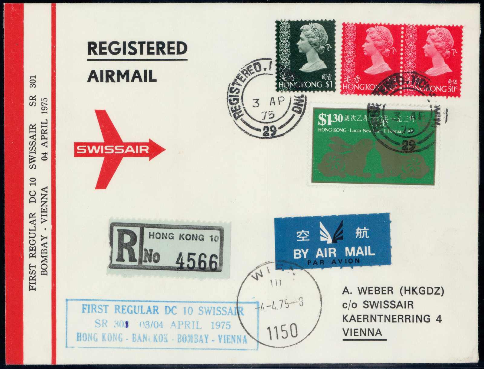 1974, Swissair-Flug Manilla-Wien und Hongkong-Wien, SLH 140 ...
