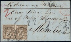 1866, 1Fr golden (2) auf unkompl. Faltbrief über Marseille nach ...