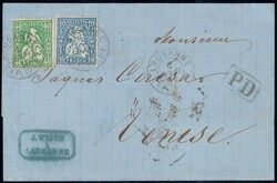 1865, 10c blau + 40c grün auf Faltbrief von Lausanne nach Venedig, ...