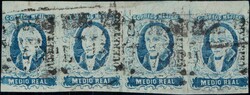 1856, 1/2R blau, seltener 4er-Streifen, breitrandig, linke Marke ...