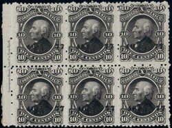 1877, 10c schwarz, 6er-Block, Aufdruck Bezirksnummer + ...