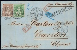 China 1866, 40c grün + 60c kupferbronze (schwache Bugspur) auf ...