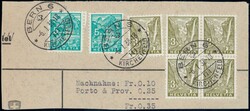 1938, 3c oliv im Viererblock mit Zusatzfrankatur auf Briefstück von ...