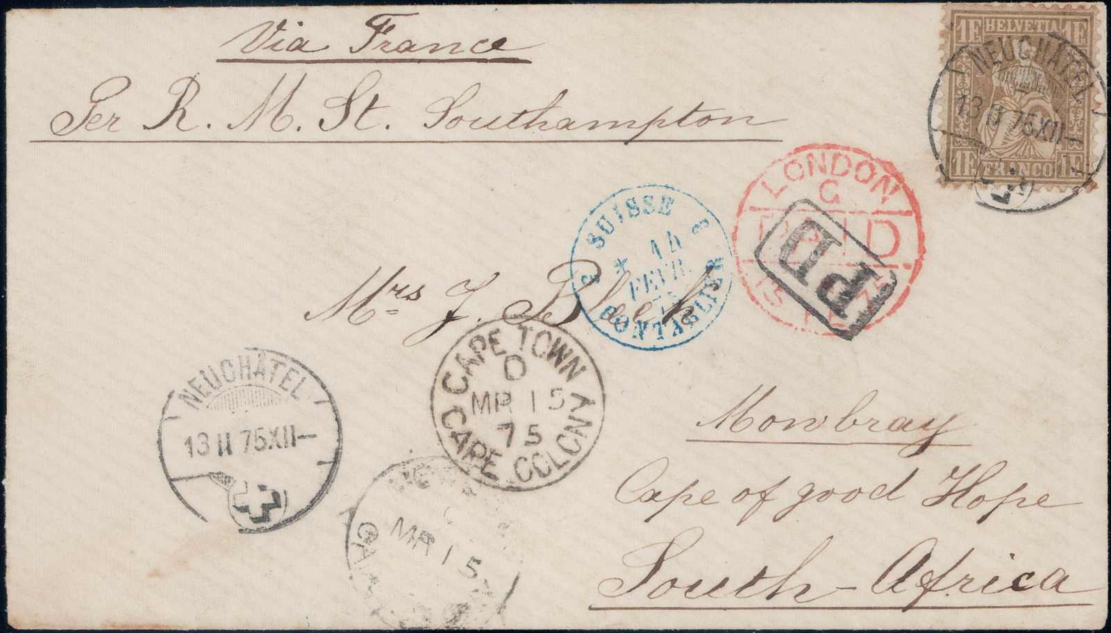 Cape of Good Hope 1875, 1Fr golden auf sauberem Brief von NEUCHATEL ...