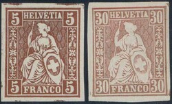 5c bronze + 30c golden, 2 ungezähnte Farbproben mit KZ