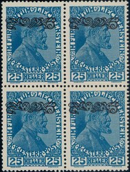 1920, 25H Fürst Johann II. im Viererblock, Abart: Kopfstehender ...