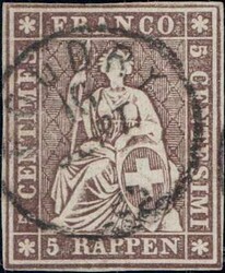 5Rp braun, weissrandig, Fingerhutstempel BOUDRY, Attest ...