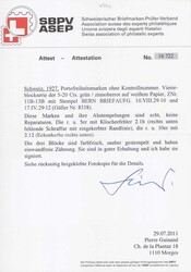 1927, Schweizer Wappen, Viererblockserie ohne Kontrollnummer, 10+20c ...