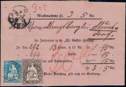 1862, 5Rp dunkelbraun (oben kurz tuschiert) + 10c grünlichblau auf ...