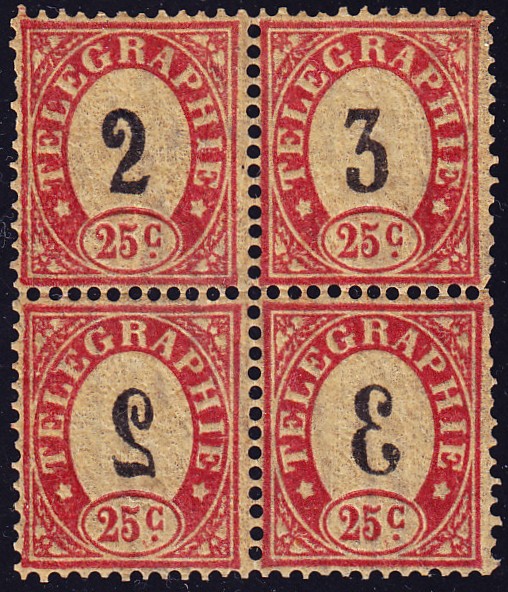 1868 Telegraphen-Marke Probedruck 25c im Viererblock, gezähnt. ...