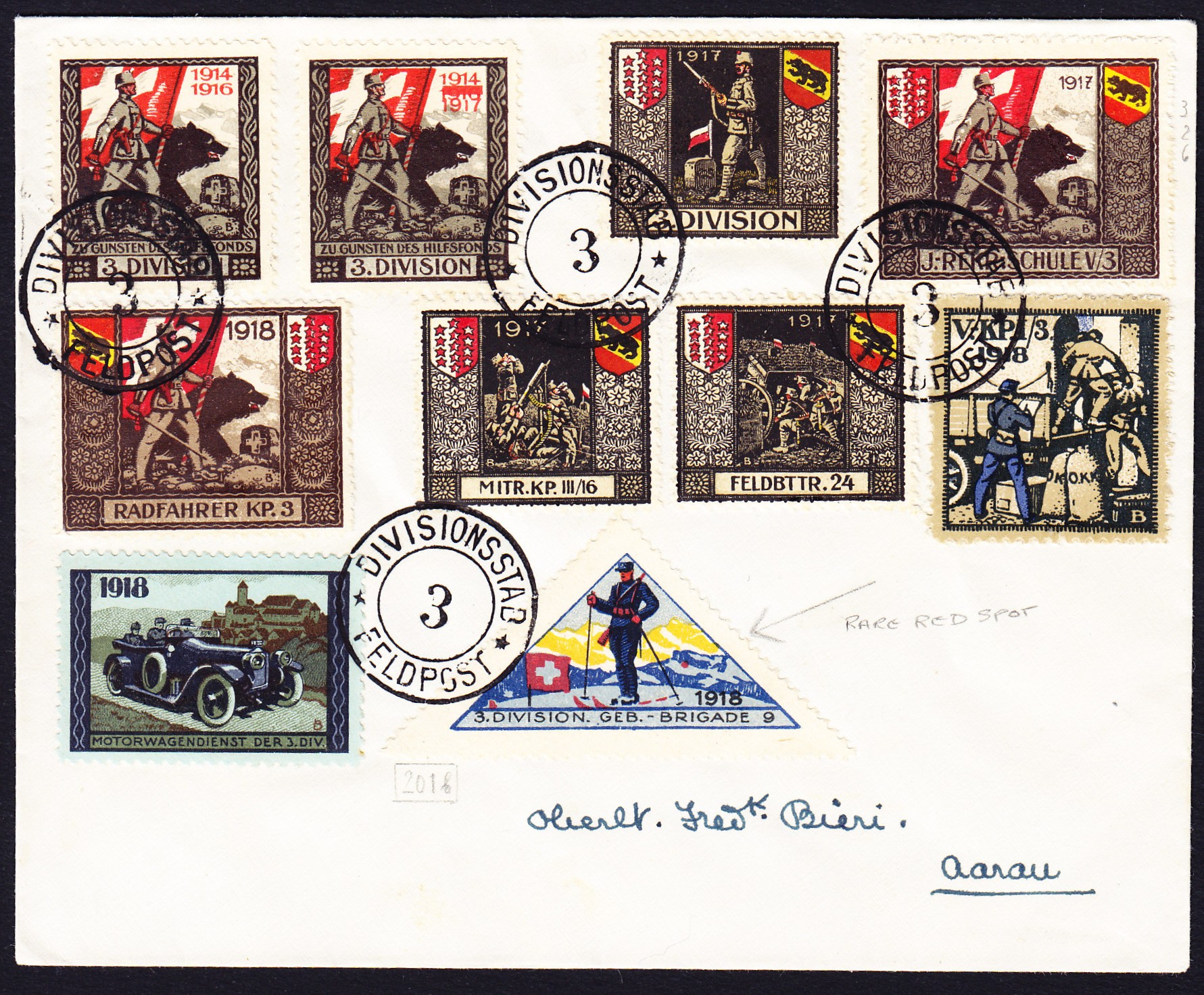 1914/1918 10 verschiedene Marken auf Brief, gestempelt DIVISIONSSTAG ...