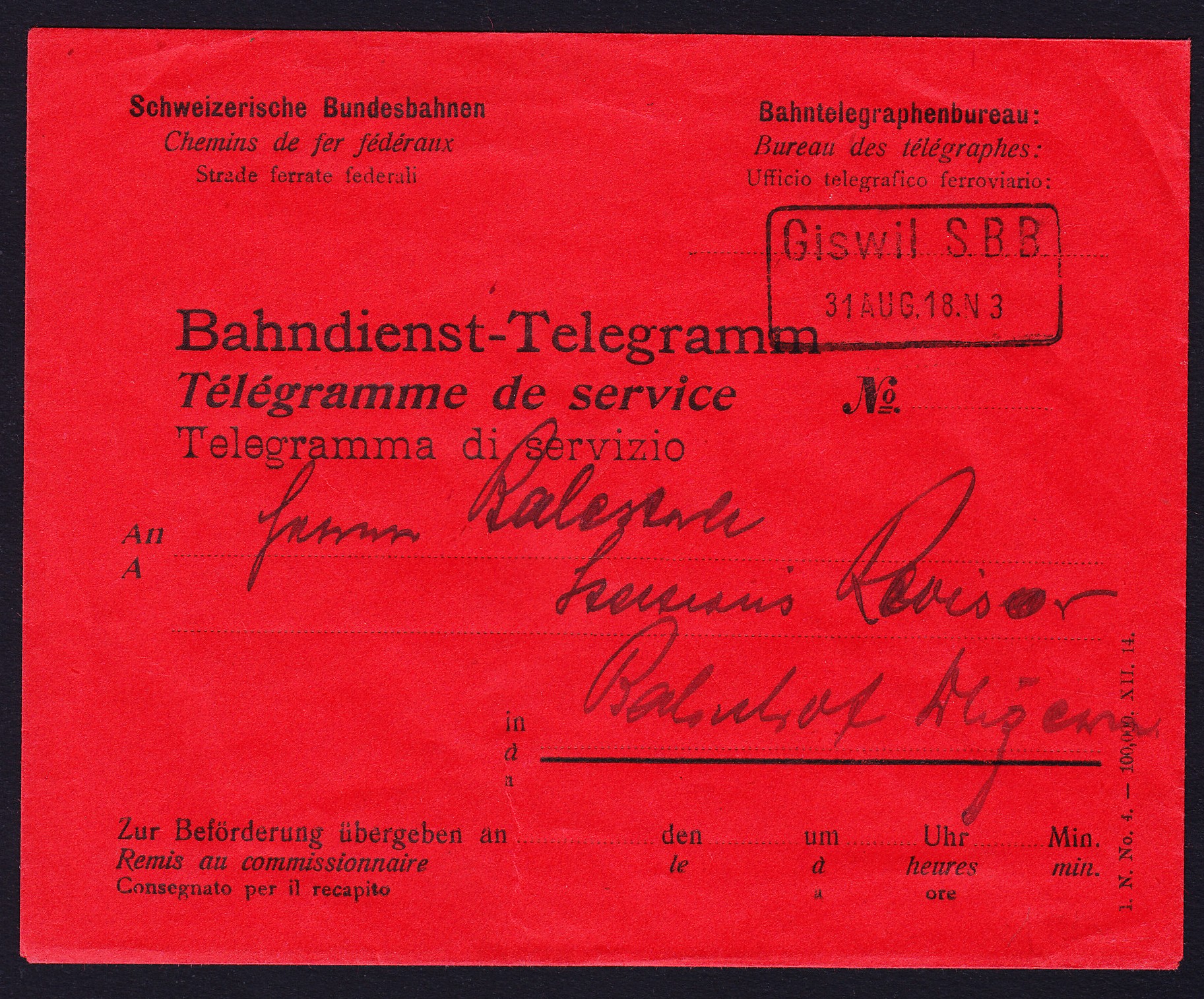 1918 Bahndienst-Telegramm. Umschlag der Schweizerischen Bundesbahnen, ...