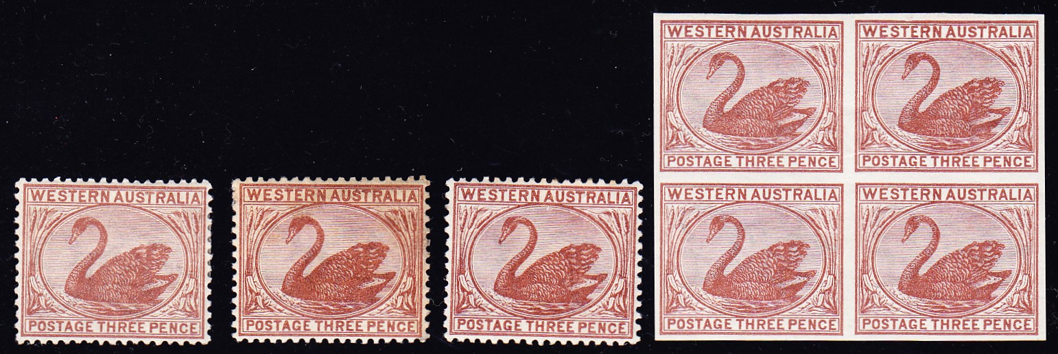 1862, 3d. WZ Krone CA seitwärts, 3 Farbnuancen. Dazu ungezähnter ...