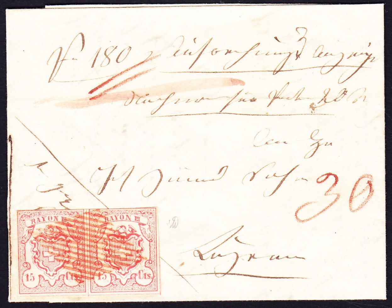 1852 Nachnahme Faltbrief aus Escholzmatt, Mit 15 cts rot, waagrechtes ...