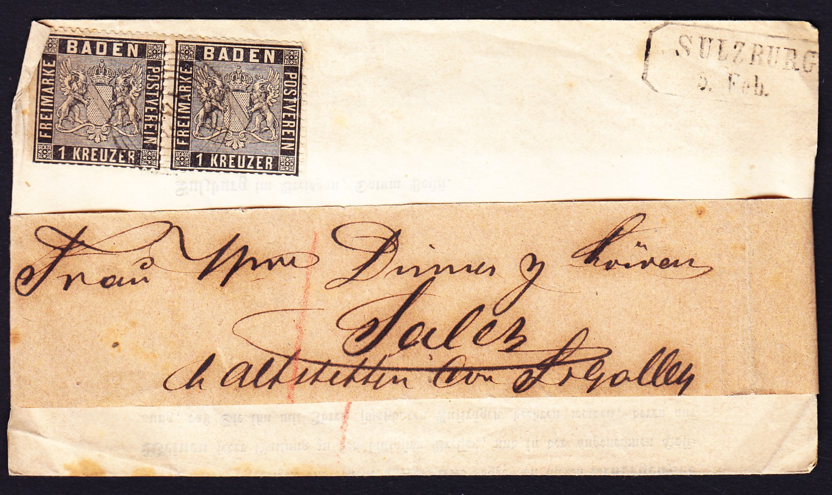 1862 1 Kr schwarz im Paar auf Brief "Ankündigung eines Vertreters" ...