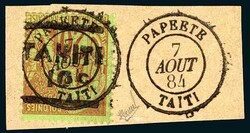 Tahiti, N°5 OB avec surcharge renversée sur petit fragment 1884 TB ...