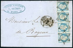 N°14, bande de 4 percée en ligne OB étoile muette, C. PARIS/E, ...