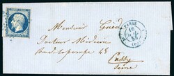 N°14 OB étoile bleue sur lettre de Paris (en bleu) pour Passy 1855 ...