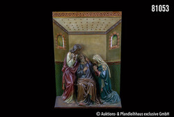 Grosses Holzrelief geschnitzt, polychrom gefasst, gemalter ...