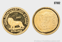 Kongo 20 Francs 2003 Eule von Athen, Gold 999, 1,26 g, 1/25 Unze mit ...