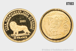 Kongo 20 Francs 2003 Eule von Athen, Gold 999, 1,26 g, 1/25 Unze mit ...