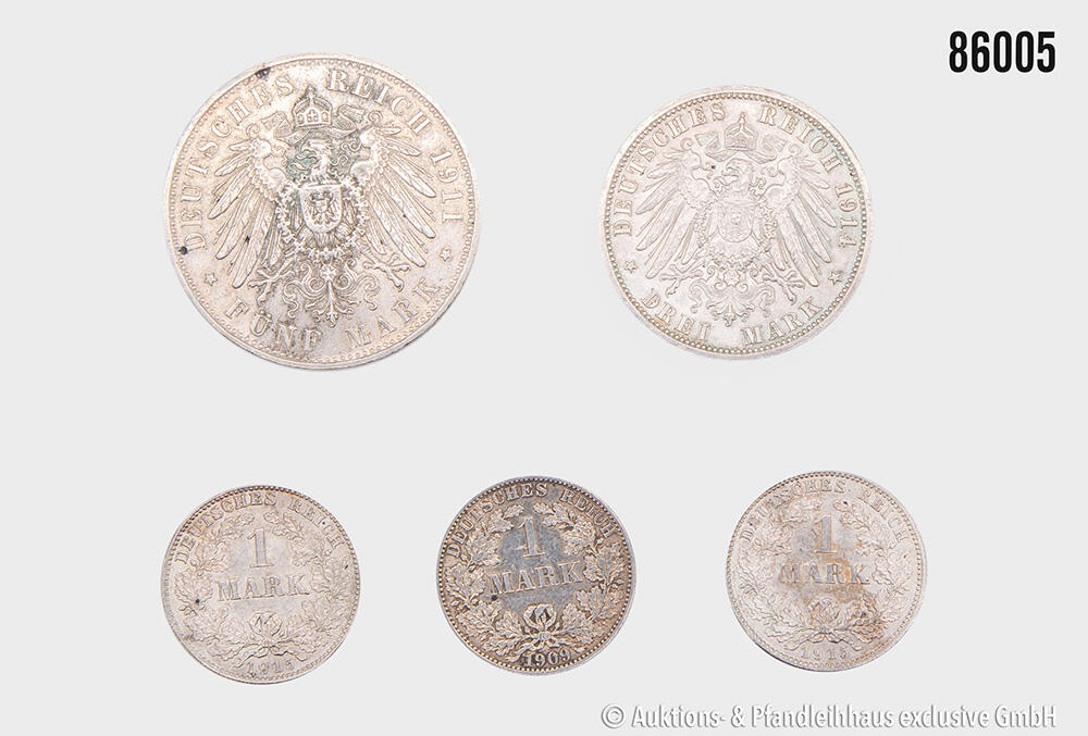 Kaiserreich Konvolut, 5 Stück, u.a. 3x 1 Mark 1909 A, 2x 1915 D, 3 ...
