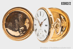 Taschenuhr 585er GG, Gesamtgewicht ca. 59 g, Aufschrift innen auf der ...