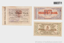 Konvolut Geldscheine / Notgeldscheine, insg. 3 Banknoten von 1, 5, u. ...