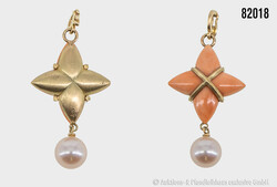 Goldanhänger 750 GG, 1 Seite mit Koralle, sowie 1 Zuchtperle, ...