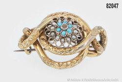 Silberbrosche, antik, vergoldet, mit Türkisen und kleinen Perlen, ...