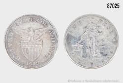 Philippinen, 1 Peso 1908, US Verwaltung, Silber 800, 19,92 g, Zust. ...