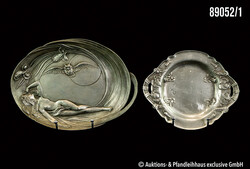 2 Jugendstil Zinnschalen 20. Jhd., 1x reliefierter Akt mit Eule und ...