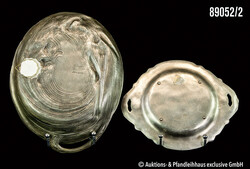 2 Jugendstil Zinnschalen 20. Jhd., 1x reliefierter Akt mit Eule und ...