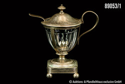 Christofle Senfbehälter mit Glaseinsatz auf 4 Füßen, mit Henkel, ...