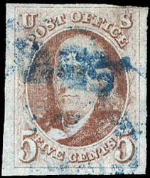 1847, 5¢ Franklin, red brown (Scott 1), three lavish margins and cut ...