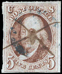 1847, 5¢ Franklin, red brown (Scott 1), 4 nice margins, pen cancel, ...