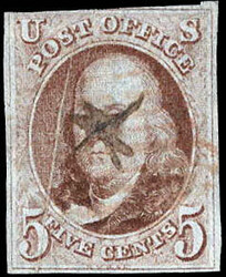 1847, 5¢ Franklin, red brown (Scott 1), 3 ample margins, faded red ...