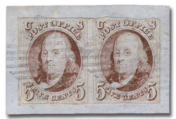 1847, 5¢ Franklin, red brown (Scott 1), horizontal pair, 3 margins, ...