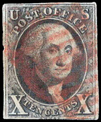 1847, 10¢ Washington, black (Scott 2), 3½ margins, red grid cancel, ...