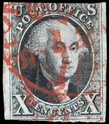 1847, 10¢ Washington, black (Scott 2), two wide margins, bright red ...