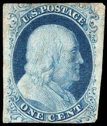 1851, 1¢ Franklin, blue, type IIIa (Scott 8A), pen cancel removed; ...