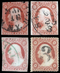 1851-57, 3¢ Washington, a group of 4 (Scott 10A, 11A, 26), neat ...