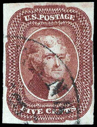 1856, 5¢ Jefferson, red brown (Scott 12), a lovely example with 4 ...