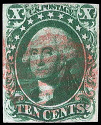1855, 10¢ Washington, green, type I (Scott 13), premium red cancel, ...