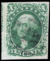 1855, 10¢ Washington, green, type II (Scott 14), ample to large ...